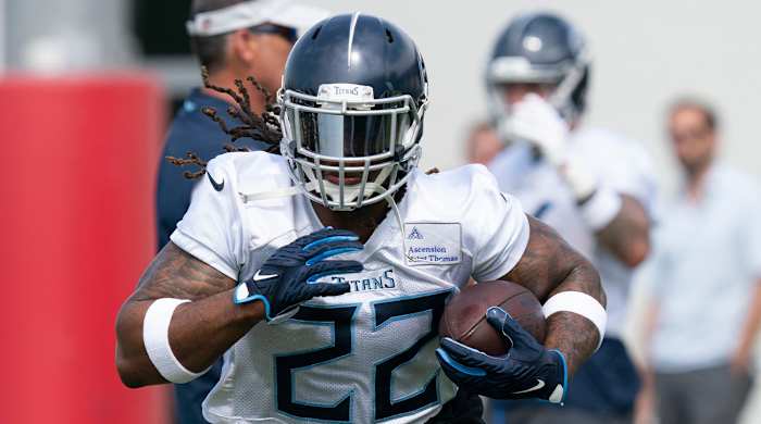 Tennessee Titans running back Derrick Henry (22) races up the field during practice at Saint Thomas Sports Park Tuesday, June 14, 2022, in Nashville, Tenn.